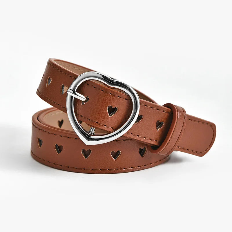 Children Leather Belt Cute Peach Heart Buckle Belts for Girls Solid Color Waistband Korean Fashion Love Heart Eyelet Waist Belt