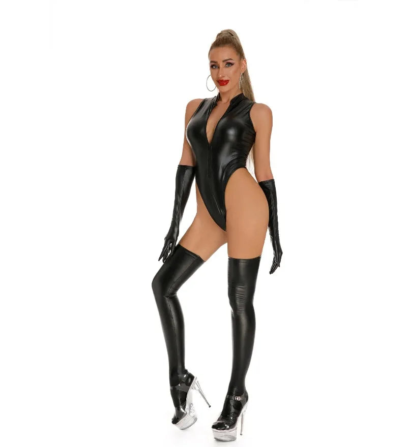 Sexy Women Leather Catsuits With Long Stocking Gloves High Cut Wetlook Latex Bodysuit Lingerie Set Stage Wear Clubwear Overalls