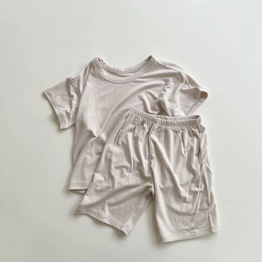 2026 Summer New Children Short Sleeve Pajamas Two-piece Set Boys Girls Thin Cotton Homewear 2pcs Suit Solid Toddler Outfits
