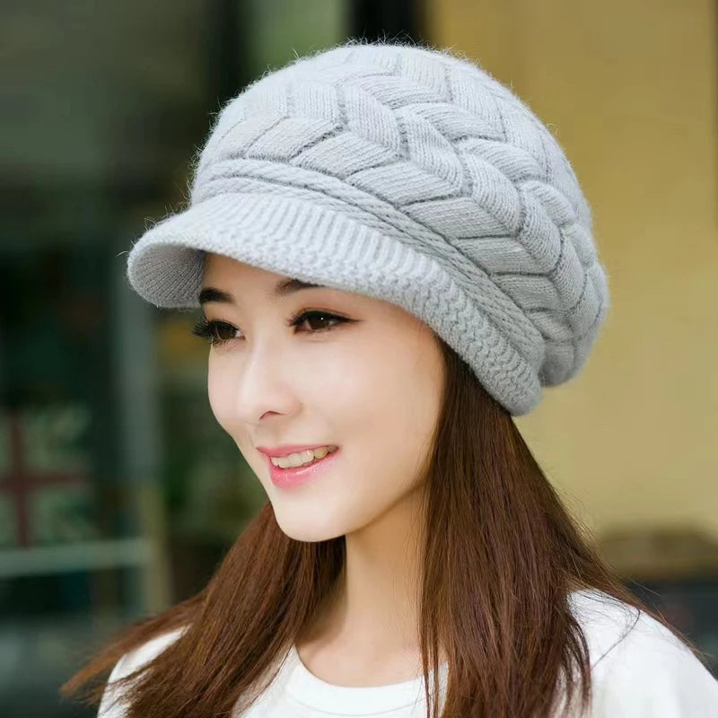 Women's Hats Winter Warm Knitted Hat Rabbit Hair Double Layer Plus Velvet Cap Visor Beanies For Women Casual