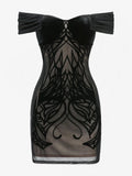 2026 Gothic Women's Bodycon Mini Dresses Off The Shoulder Curve Pattern Flocking Velvet Dress High Stretch Short Sleeves Dress