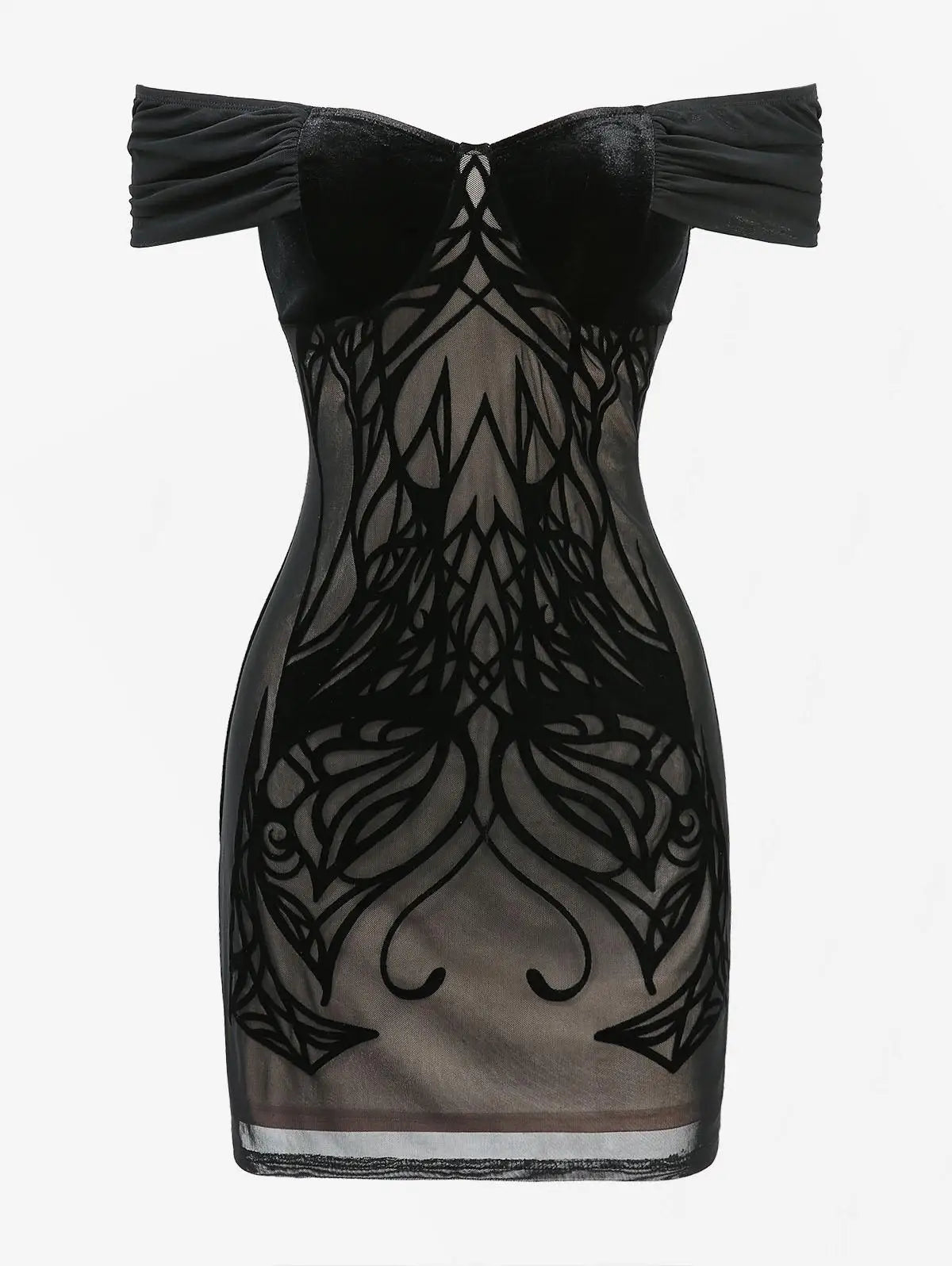 2026 Gothic Women's Bodycon Mini Dresses Off The Shoulder Curve Pattern Flocking Velvet Dress High Stretch Short Sleeves Dress