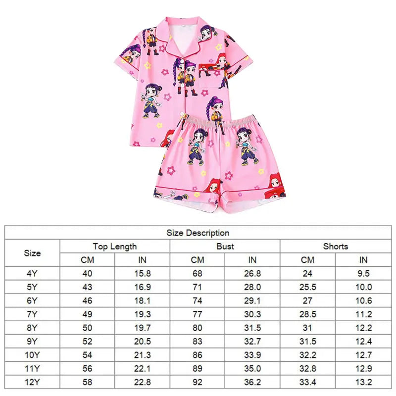 Kids K-Pop Cartoon Pajama Set Rumi Mira Zoe Korean Girl Print Lapel Top+Shorts 2pc Outfit Sleepwear Pyjamas Home Wear
