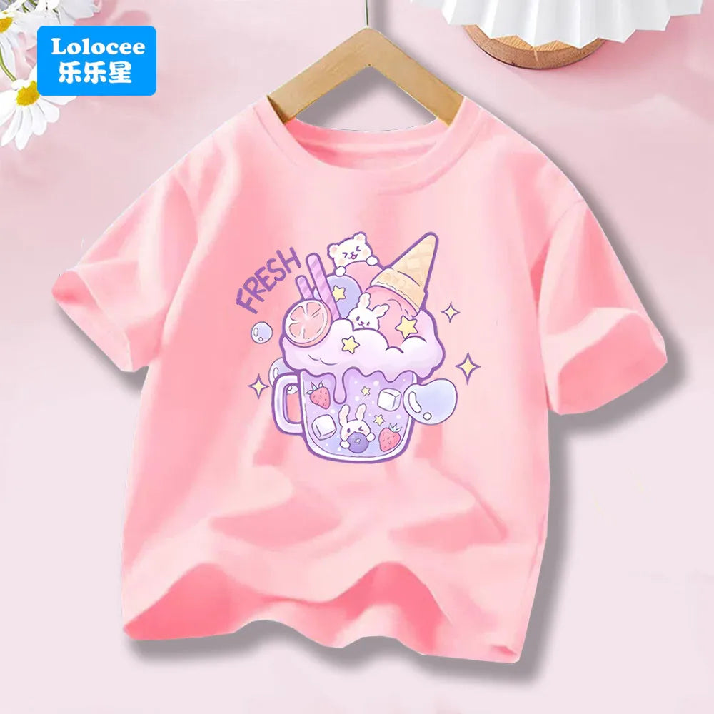Kids' Short Sleeve Cartoon T - Shirt Fresh Dessert & Animals  Cartoon Print Casual Top Kawaii Summer Clothes  YLXX1