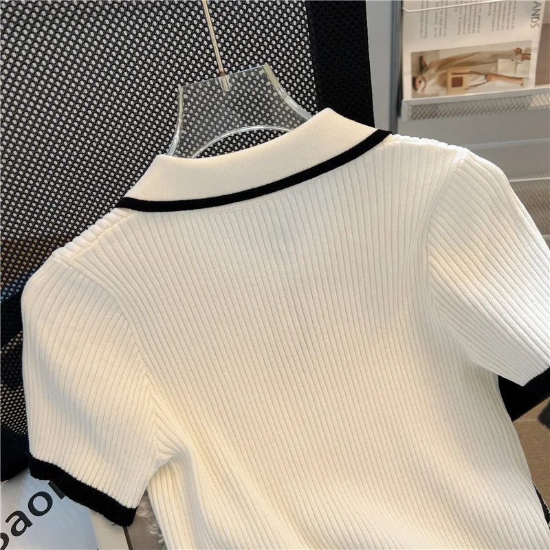 Ice Silk Polo Shirt Summer Women's Knitted Short Sleeve Polo Casual Versatile Women Sweater Tops 2025 Korean Clothing