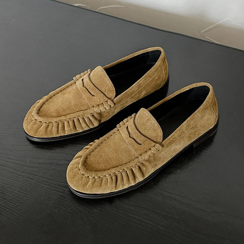 Lady Loafers 2026 Model Handcrafted Retro Pleated Single Shoes for Women, Women's Low-Heeled Leather Suede Shoes