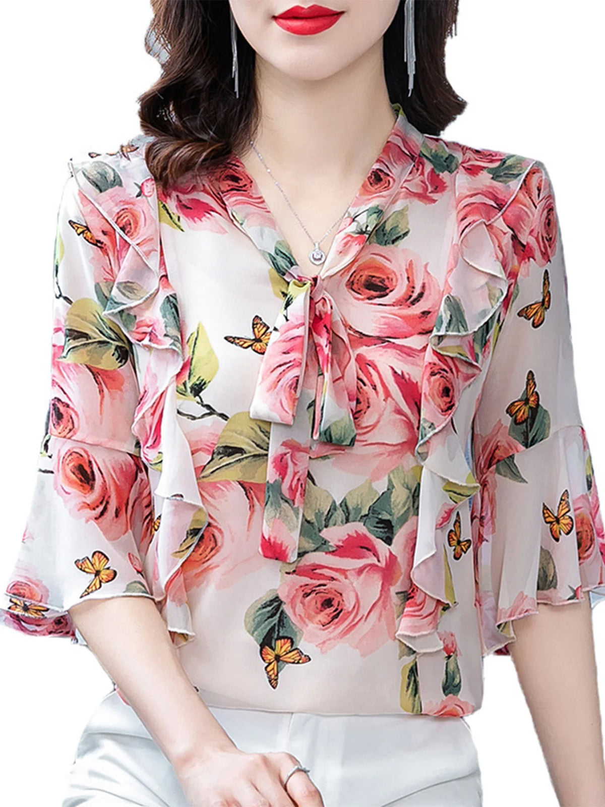Tops for Women Dressy Casual,Ruffle Sleeve Blouses Floral Shirts,V Neck Summer Fashion Clothes