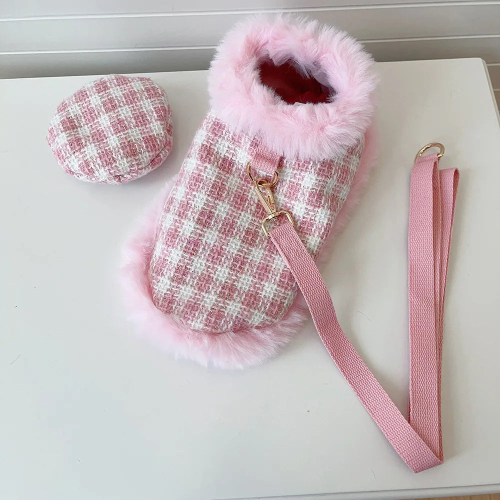 Ins Pet Plaid Woolen Dogs Coat Cloak Pet Supplies  Princess Dog Clothes  Dog Harnesses With Rope For Small Dog