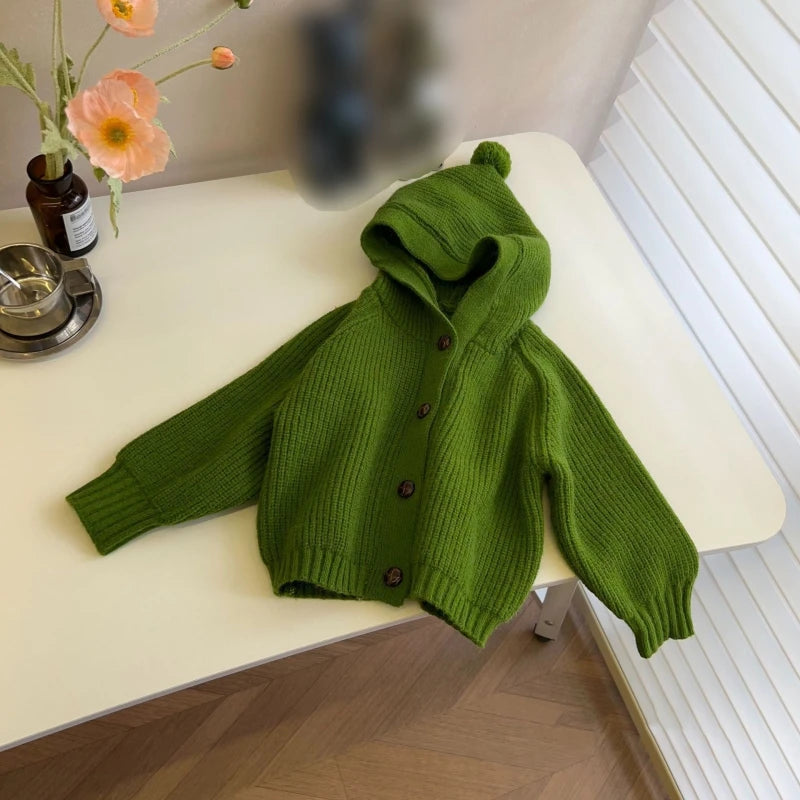 Children Knitted Sweaters Cardigan Autumn Winter Cute Solid Color Single-breasted Hooded Coat Baby Cardigan Boys Girls Sweaters