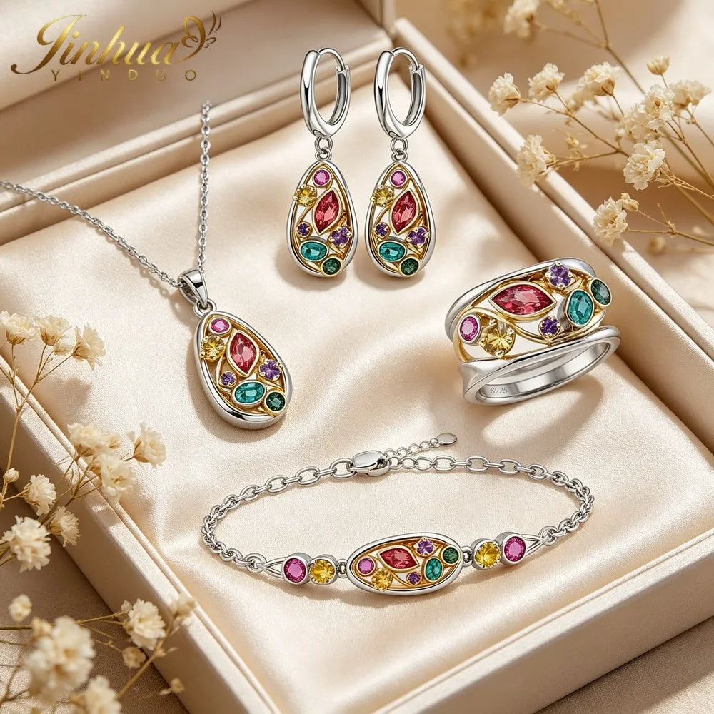 Wellness Jewelry Gift Set 925 Sterling Silver Women Improve Blood Circulation Natural Quartz Stone Bohemian Multicolor Crystals