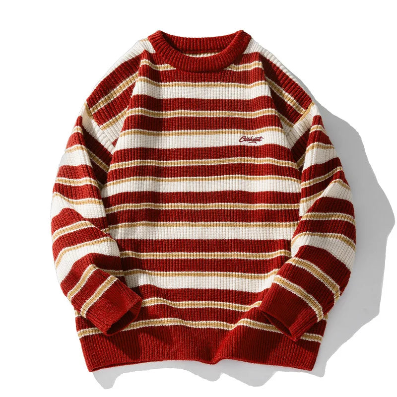 Vintage Striped Knitted Sweaters for Men Autumn Winter New Casual O-neck Embroidered Pullovers Street Style Couple Sweater Coats