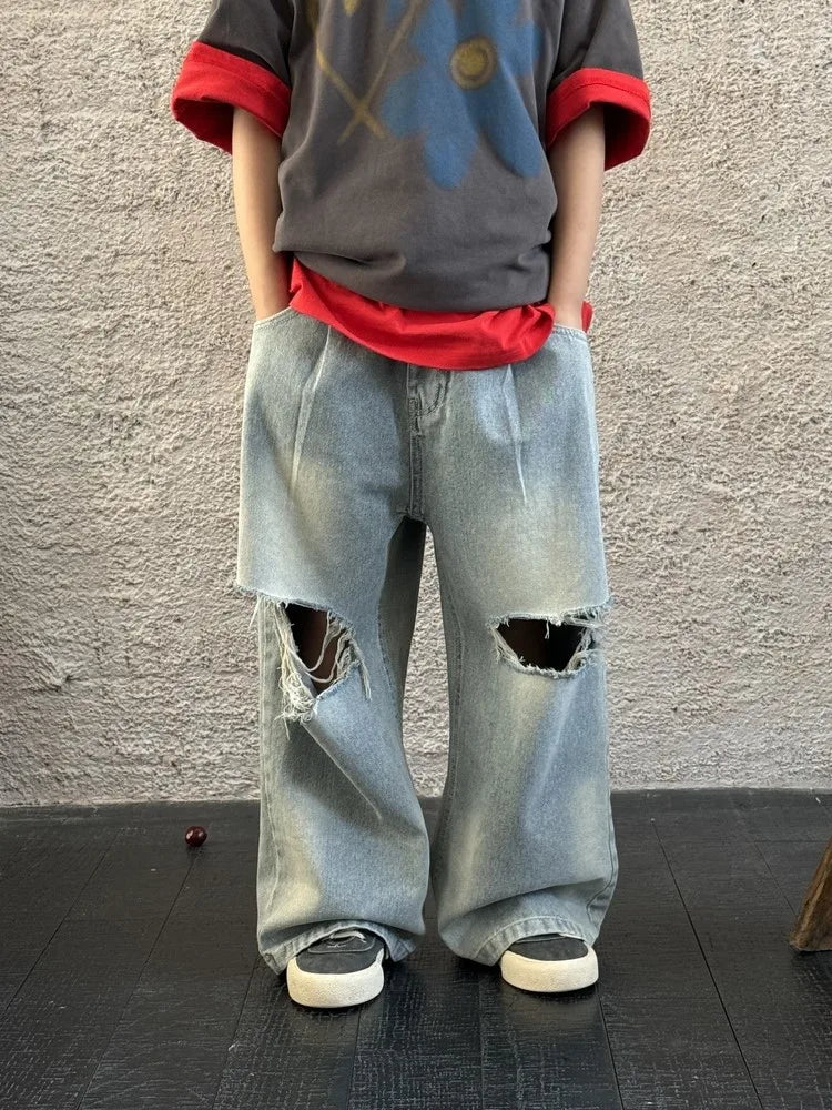 Children Pants 2025 Spring Boys Korean Ripped Denim Straight Leg Pants Children Casual Loose Wide Leg Pants