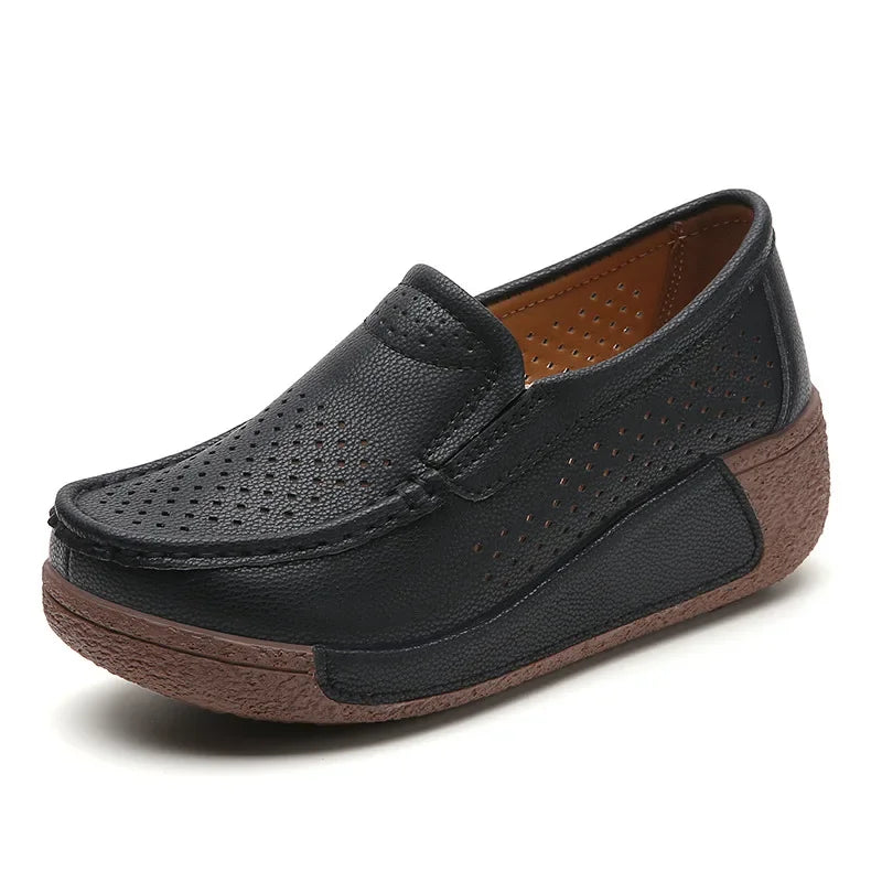 Spring and Summer Women Fashion Loafers Genuine Leather Moccasins Autumn Slip-on Casual Round Toe Wedge Platform Rocking Shoes