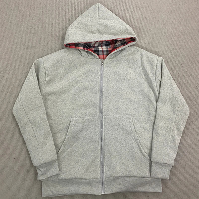 Autumn and winter street double-sided y2k personalized plaid zipper hoodie hooded sweatshirt