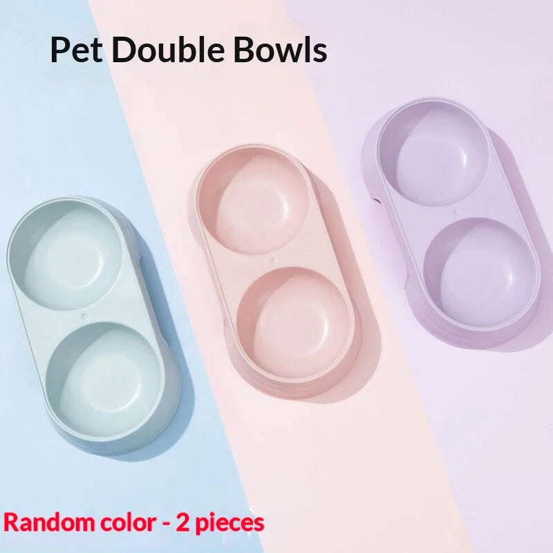 Plastic Pet Double Bowl Feeder PP Material Cat Dog Food Water Feeding Dish Non‑Slip Base Portable Pet Feeder Bowl