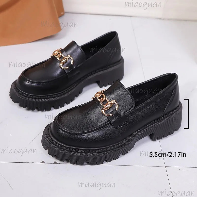 Fashion Metal Decoration Black Loafers Shoes for Women Non Slip Platform Casual Shoes Slip-on Office Ladies Footwear Size 35-43
