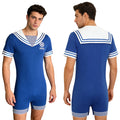 Men Adults Sailor Style Pajamas Bodysuit Navy Collar Short Sleeve Stretchy Comfortable Jumpsuit for Lounging Sleeping Home Wear