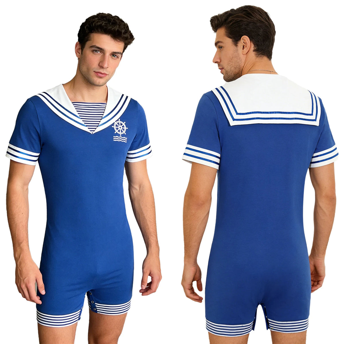 Men Adults Sailor Style Pajamas Bodysuit Navy Collar Short Sleeve Stretchy Comfortable Jumpsuit for Lounging Sleeping Home Wear