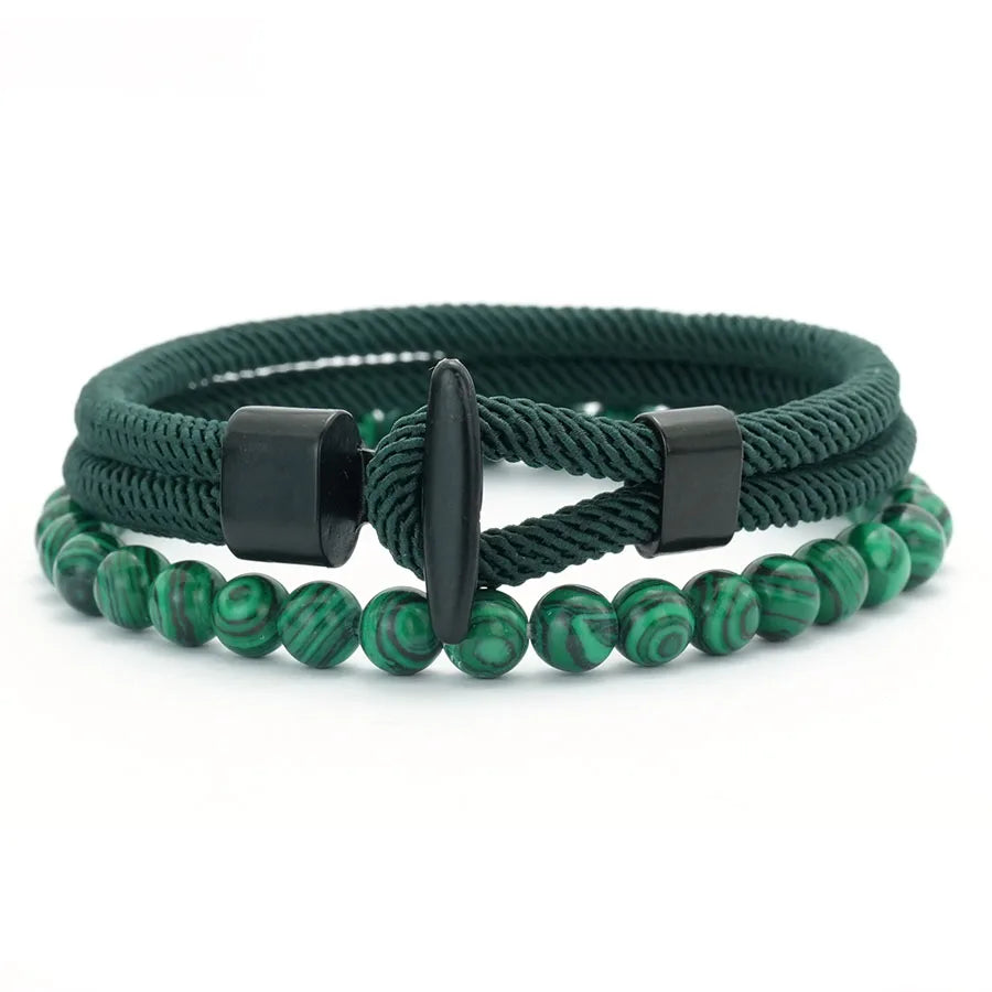 Classic 2Pcs Rope and Beaded Bracelet for Men Handmade Easy Hook Rope Natural Malachite Casual Nautical Jewelry Set Pulseria