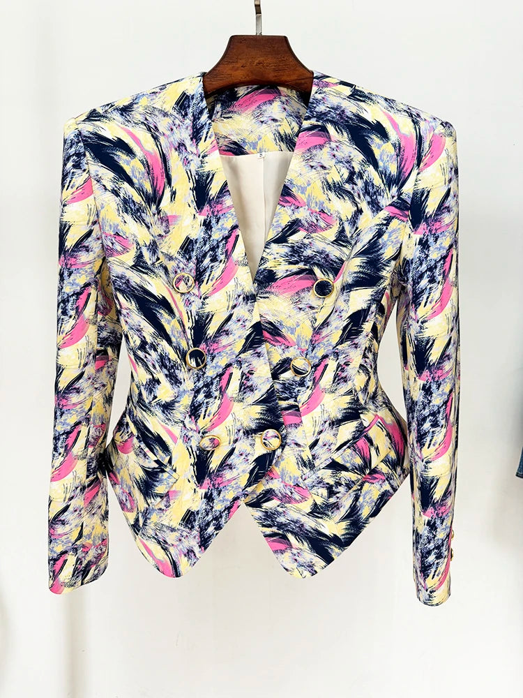 HIGH STREET Newest 2026 Designer Jacket Women's Gorgeous Feather Printed Collarless Blazer