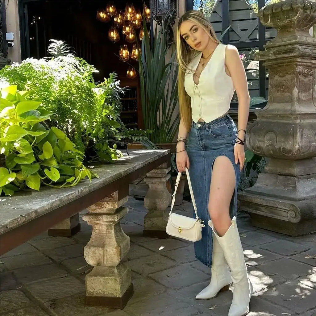 2024 Summer Midi Skirts Vintage Clothes Sexy Skirts For Women Blue Jeans Skirt High Waisted Denim Skirt Split Thigh Denim Skirt