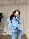 Women's Shirt Flare Sleeve Single Breasted Ruffle Hem Solid Female Shirts 2026 Fashion Spring Summer 2026 Elegant Cropped Tops