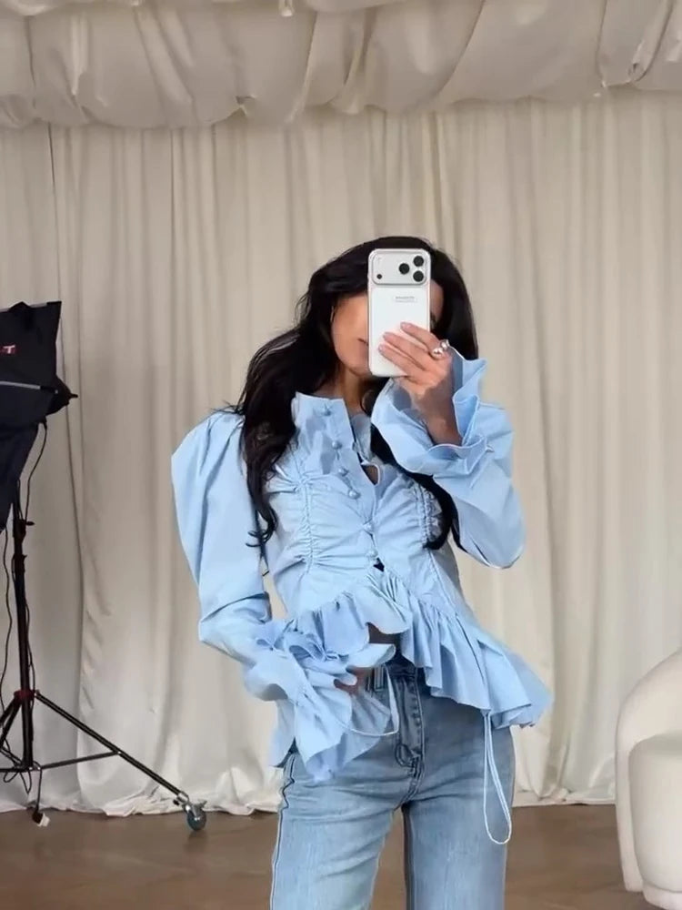 Women's Shirt Flare Sleeve Single Breasted Ruffle Hem Solid Female Shirts 2026 Fashion Spring Summer 2026 Elegant Cropped Tops