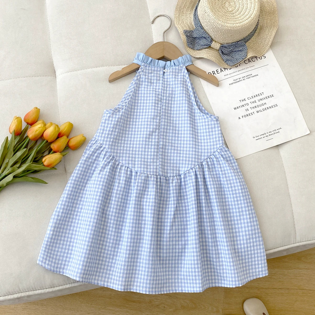 Kids Dresses for Girls Summer Casual Checkered Bow Halter Neck Dress Children's Clothes Girl Clothes