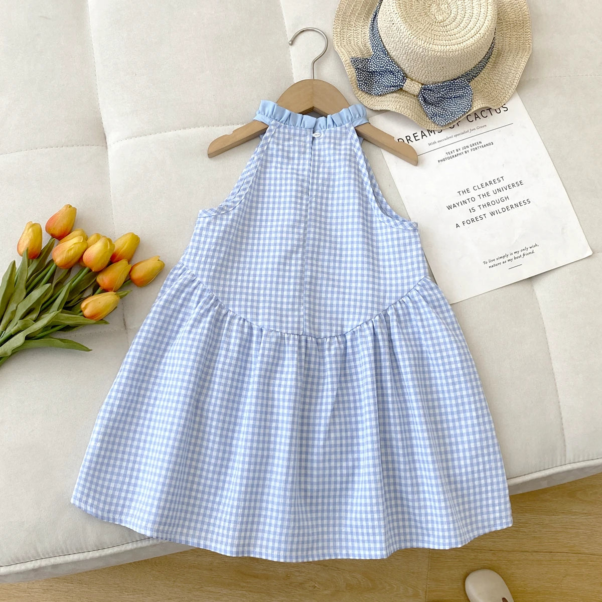 Kids Dresses for Girls Summer Casual Checkered Bow Halter Neck Dress Children's Clothes Girl Clothes