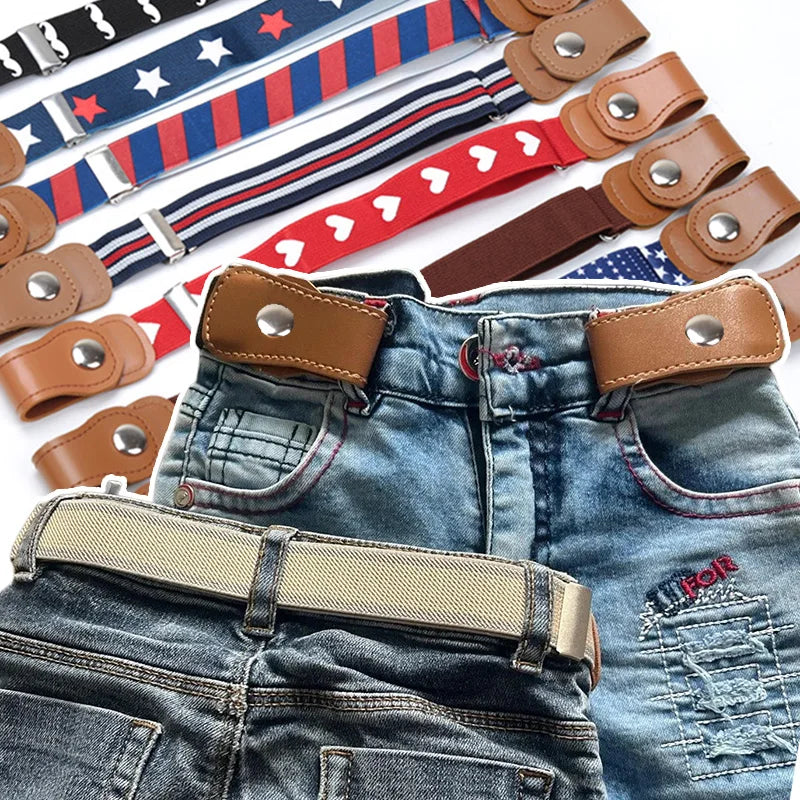 Kids Belts Buckle-Free Elastic Black Striped Hearts Dots Waist No Buckle Stretch Toddlers Adjustable Boys Girl Belts for Jeans