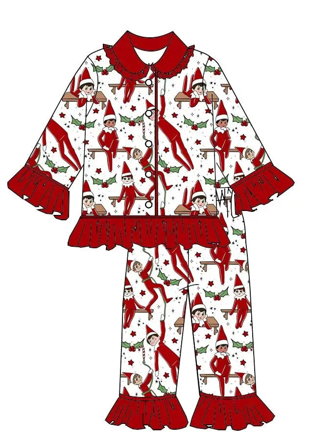Custom Boutique Children Christmas Pyjamas Set Kids High Quality Frills Girls Boys Pajamas Clothing