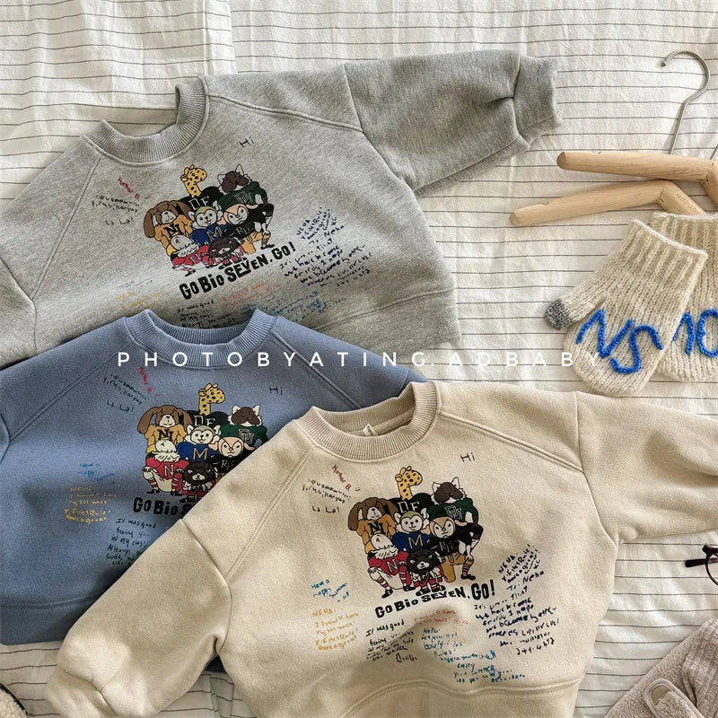 Kids Fleece Sweatshirt Winter Boys Girls Korean Style Warm Pullover Top Long Sleeve Toddler Baby Clothes Cotton Thick Unisex