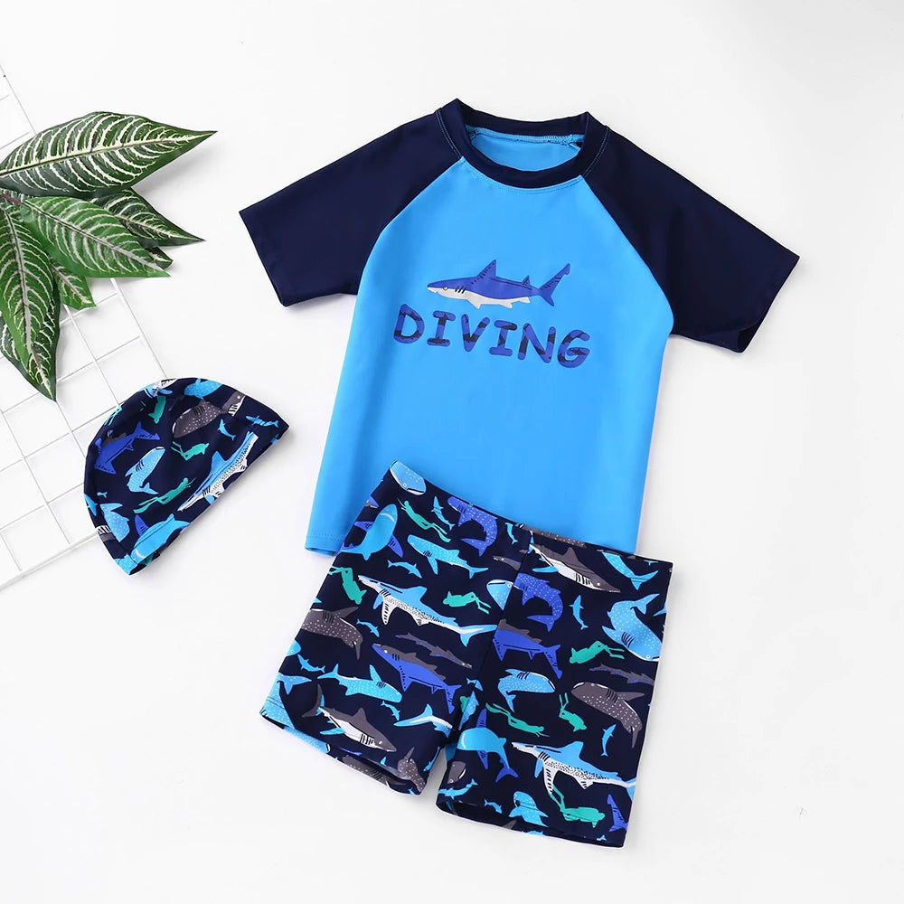 Kids Shark Print Swimwear Set 3Pcs Boys Short Sleeve Rash Guard Swimsuit + Trunks + Hat Children Beachwear Boys Bathing Suit