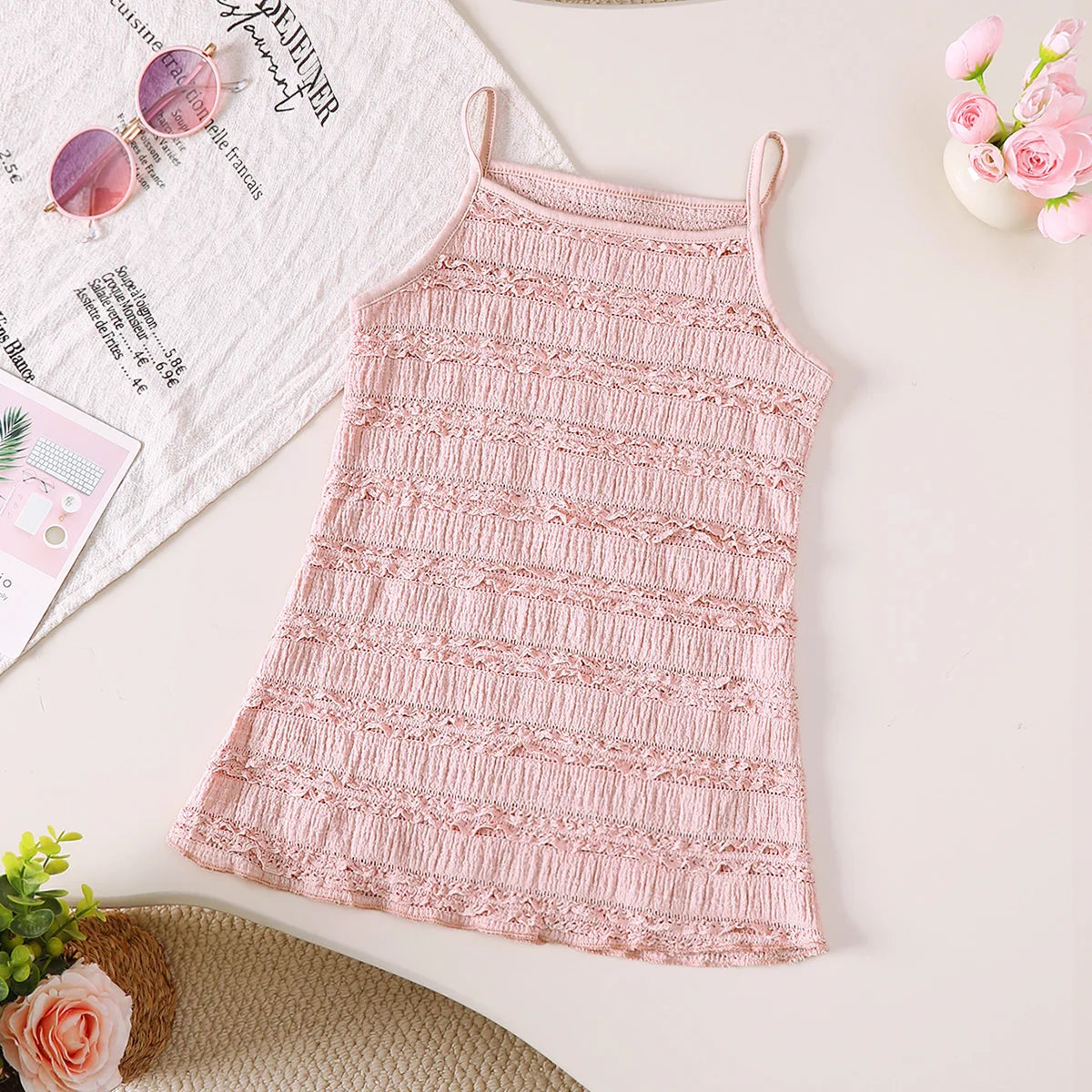 Kid Girls' Dress Comfortable Solid Color Ruffle Strap Dress Suitable for 1-6 Year Old Girls Summer Casual Dress