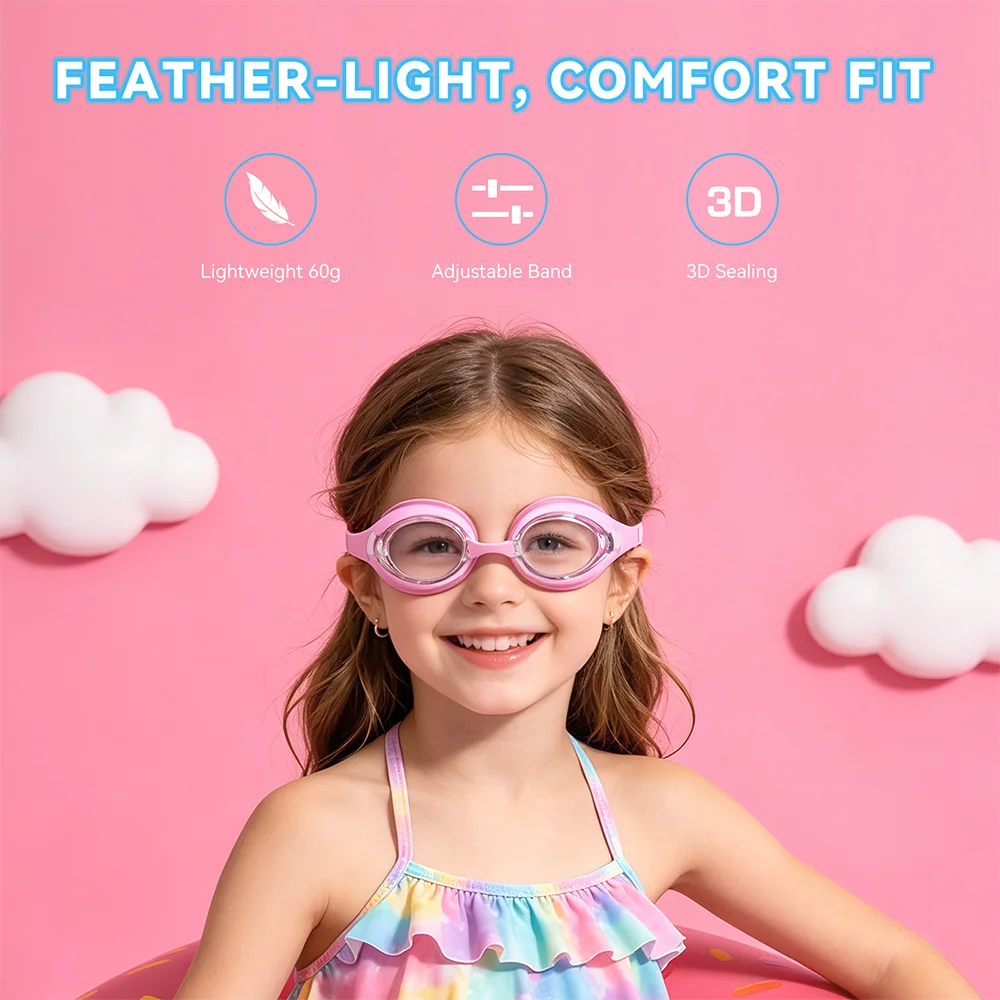 Kids Swim Goggles Swimming Eyewear Glasses Quick Adjustable Strap Anti-fog&Leak Replaceable Nose Bridge Girls Boys With Age 3-14