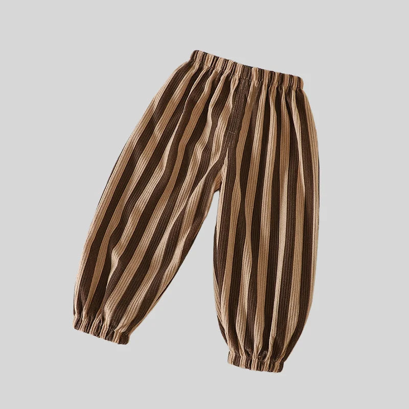 Vintage Checkered Striped 1-7Y Kids Pants Autumn Corduroy Textured Toddler Cropped Trousers
