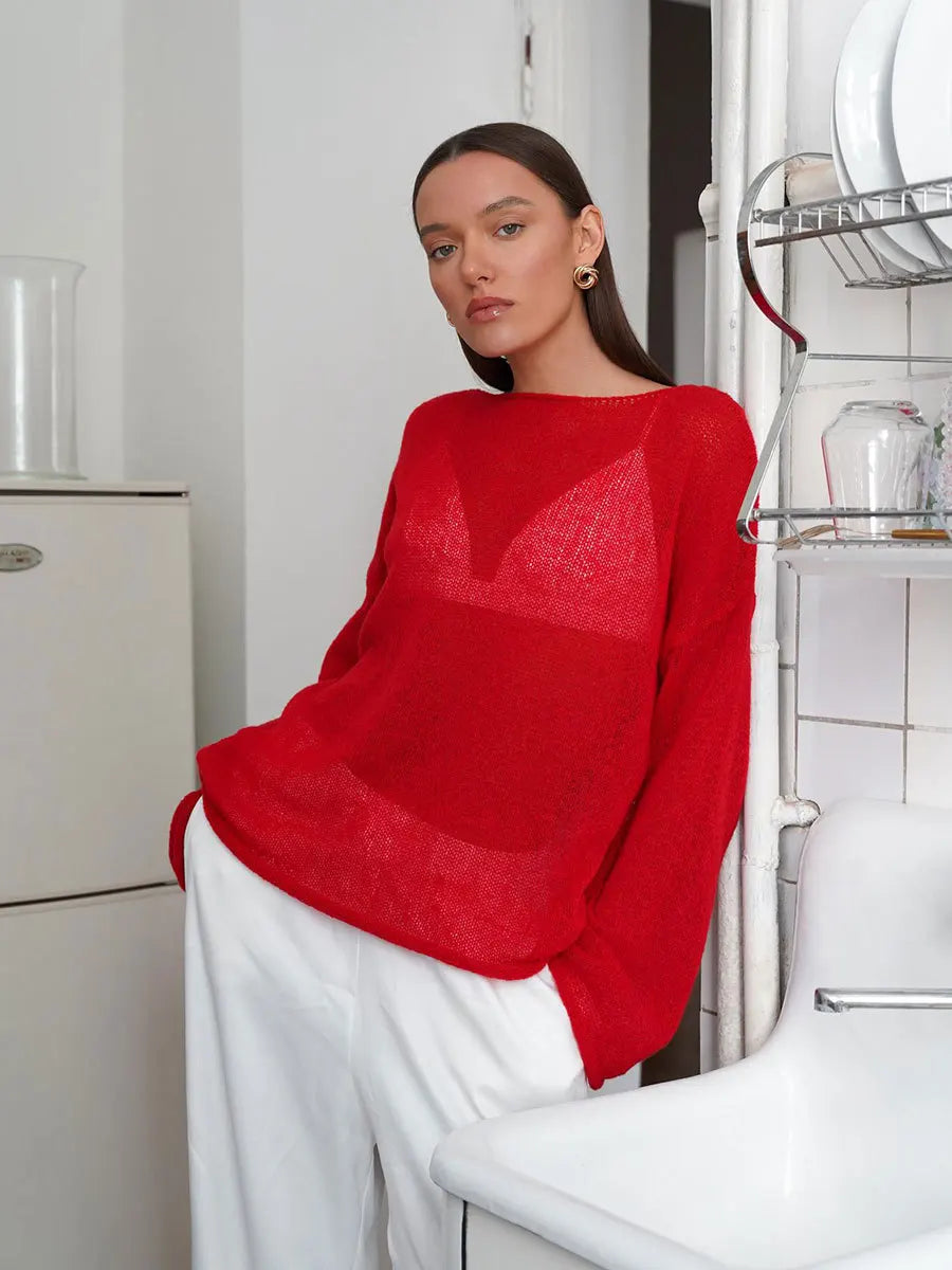 Spring Summer Hollow Knitted Oversized Sweater T Shirt Round Neck Long Sleeves Tops Loose Elegant Pullover for Women Clothing