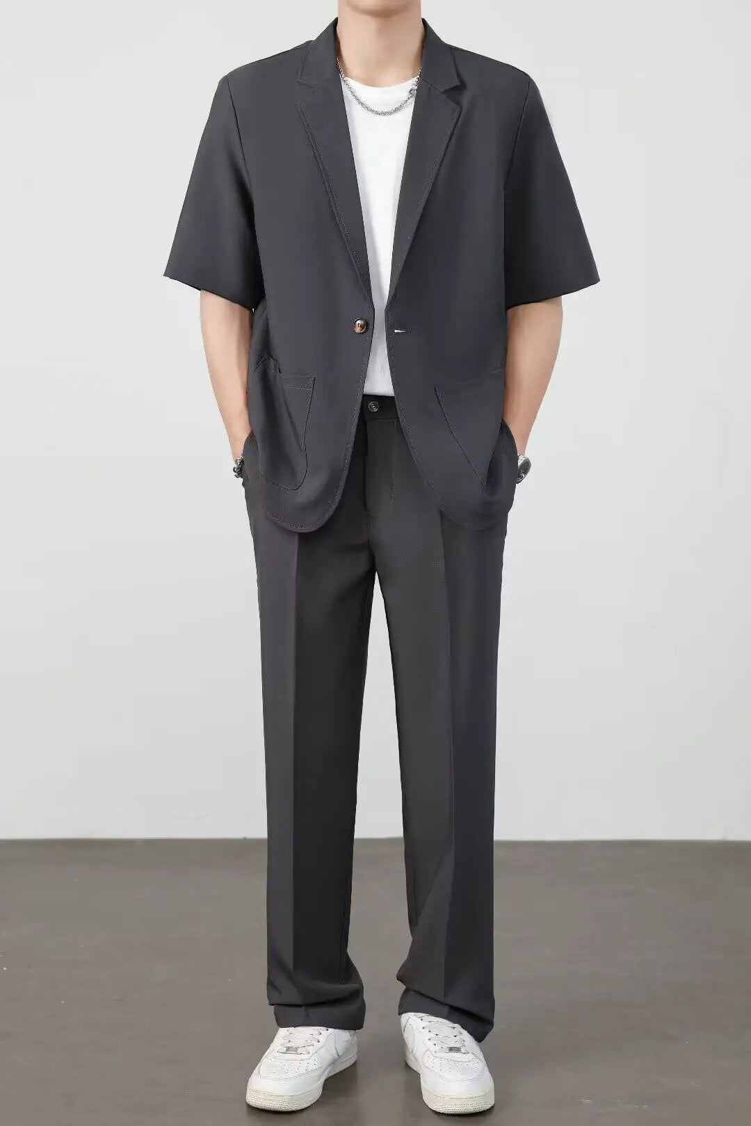 Men's Casual Half Sleeve Suit Jacket Polyester Fiber Breathable round Hemline Single Button Closure Standard Fit Adult Wear