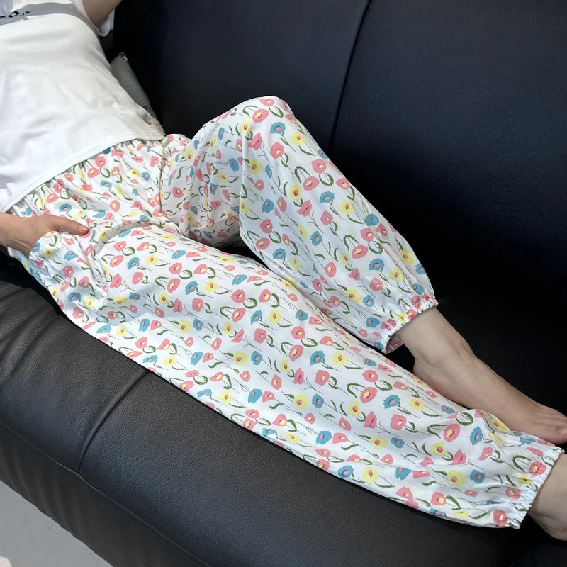 Cool Summer New Silk Cotton Spwear Loose Women's Wide Leg Pants Home Wear Floral Print Heat Resistant Comfortable Casual T...