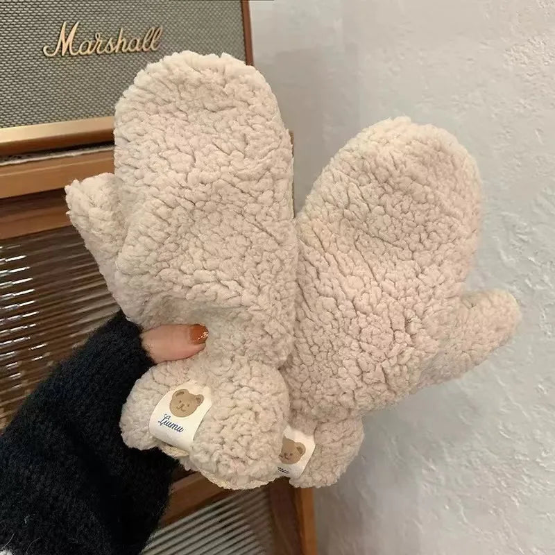 Women's Gloves Korean Kawaii Cute Sweet Preppy Style Funny Verstaile Thicked Funny Plush Warm Windproof Mittens For Girl Gift