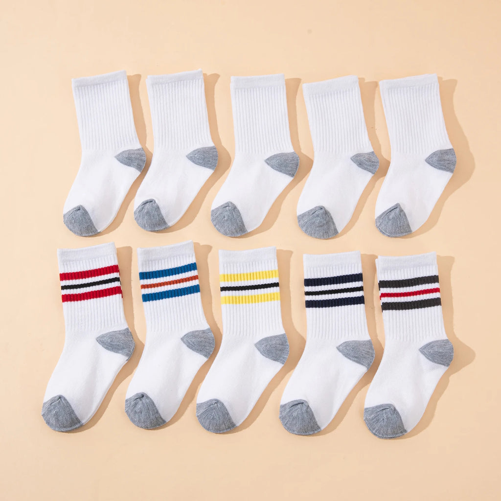 10 Pairs Kids' Sports Mid-Calf Socks, Classic Striped and Color-Blocked Design, Suitable for Students to Wear Back to School