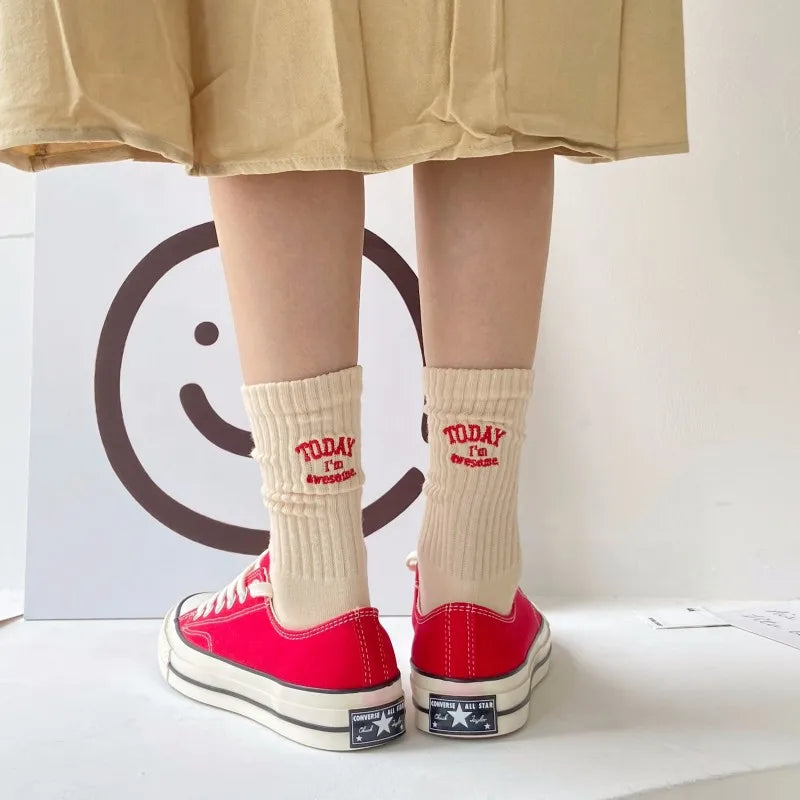 For Men Women Couple Funny Cotton Socks Embroidery Letter Today I’m Awesome Japanese Korean Designer Couple Mid-tube Sports Sox