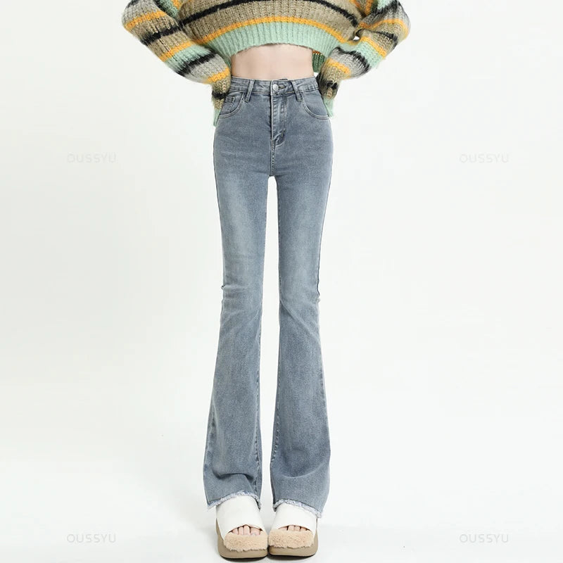 Spring Summer Flared Jeans Women Cotton Vintage Blue Denim Pants Streetwear Elastic High Waist Slim Harajuku Trouser Plus Length