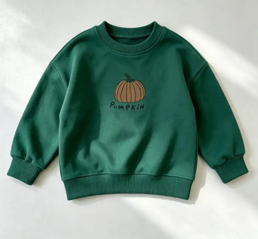 Kids Crew Neck Sweatshirt Cute Pumpkin Print Long Sleeve Pullover Top Soft Cotton Casual Children Autumn Basic Wear Clothing Top