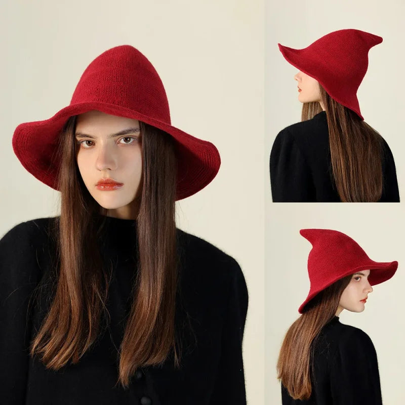 Women Witch Hat for Halloween Wool Hats Wide Brim Spire Knitted Cap Party and Daily