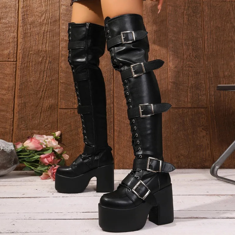 Fashion Boots Women Autumn and Winter New Niche Round Toe Platform Lace-up Buckle Women's Long Boots