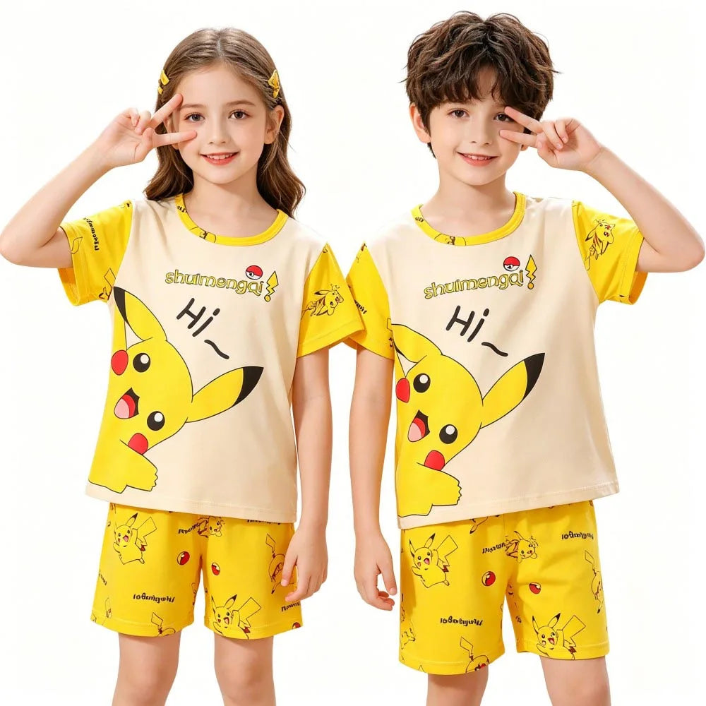Boys and Girls Summer Short Sleeve Pikachu Pajamas Sets Kids Pyjamas Animal Cartoon Baby Homewear Nightwear for 2 to 14Years