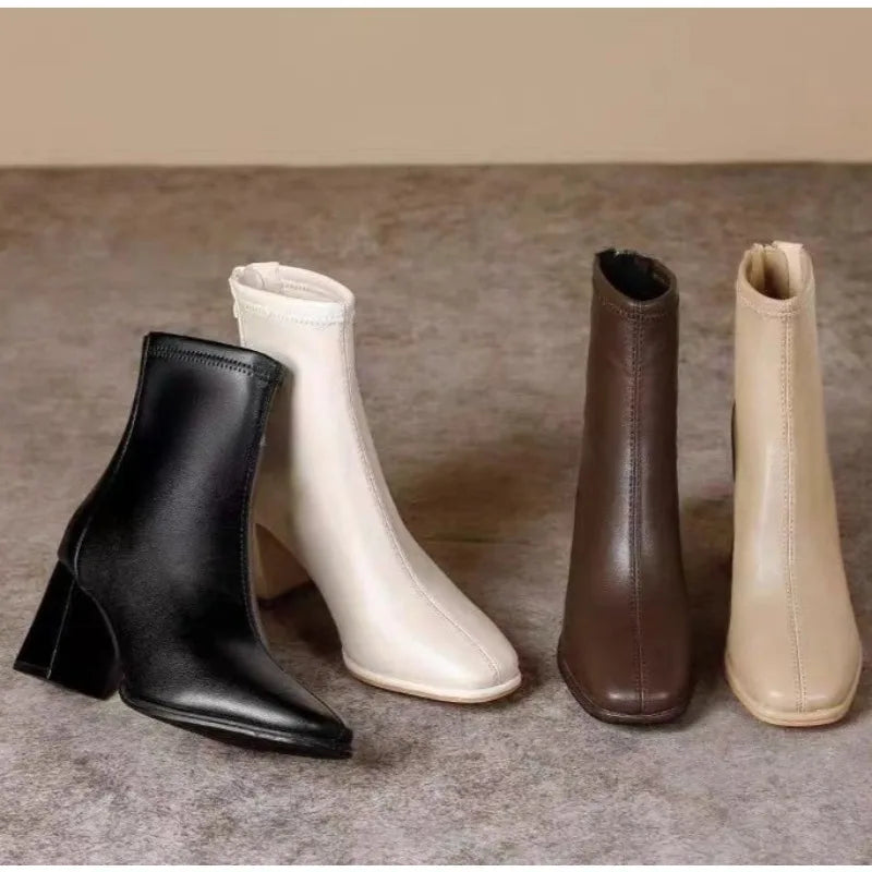 2026 New Women's  Ankle Boots Minimalist Pointed Toe Mid Heel Booties with Soft Leather & Side Zipper Slimming Fashion Boots