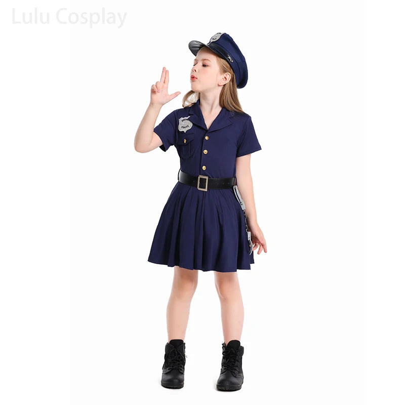 Kids Police Uniforms Dress Girl Dresses Halloween Cosplay Costumes Cap Belt 3Pcs Set Carnival Party Role-play Performance Dress