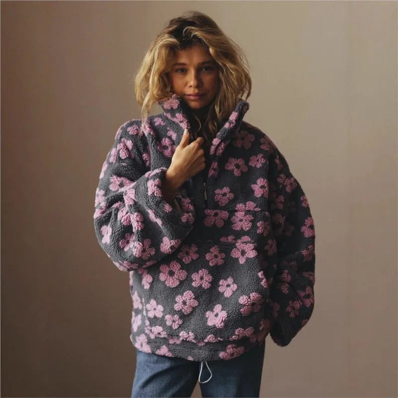 2025 Autumn/Winter New Fashionable Warm Plush Hoodie With Casual Flower Print Loose High Collar Loose Long Sleeve Fleece Hoodie